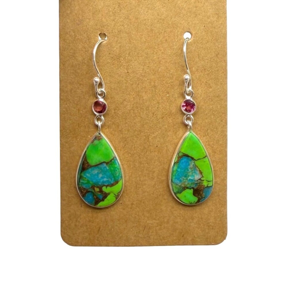 Kingman Green Turquoise Garnet Earrings Solid 925 Sterling Silver Dangle Drop